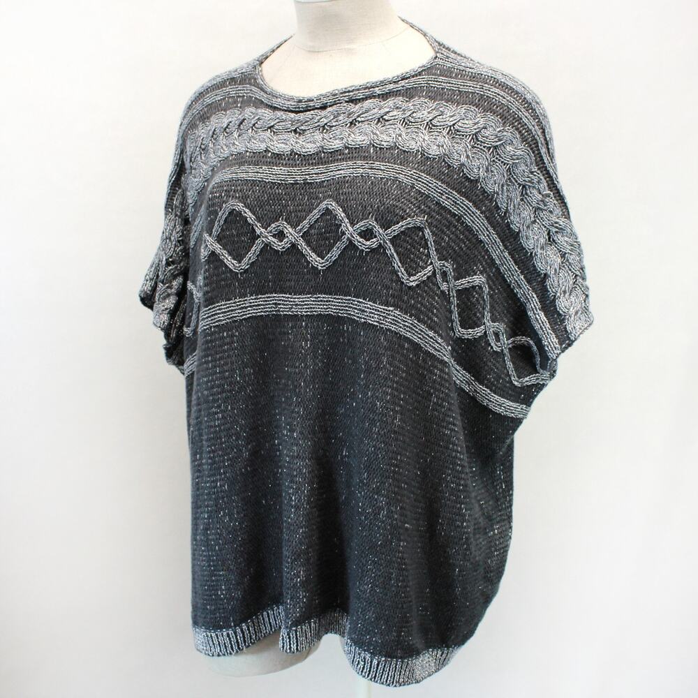 Chico's Bat Sleeve Sweater Pullover Geometric Metallic Gray Cozy Casual L/XL